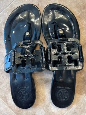 Tory Burch Black Patent Logo Slide Sandals